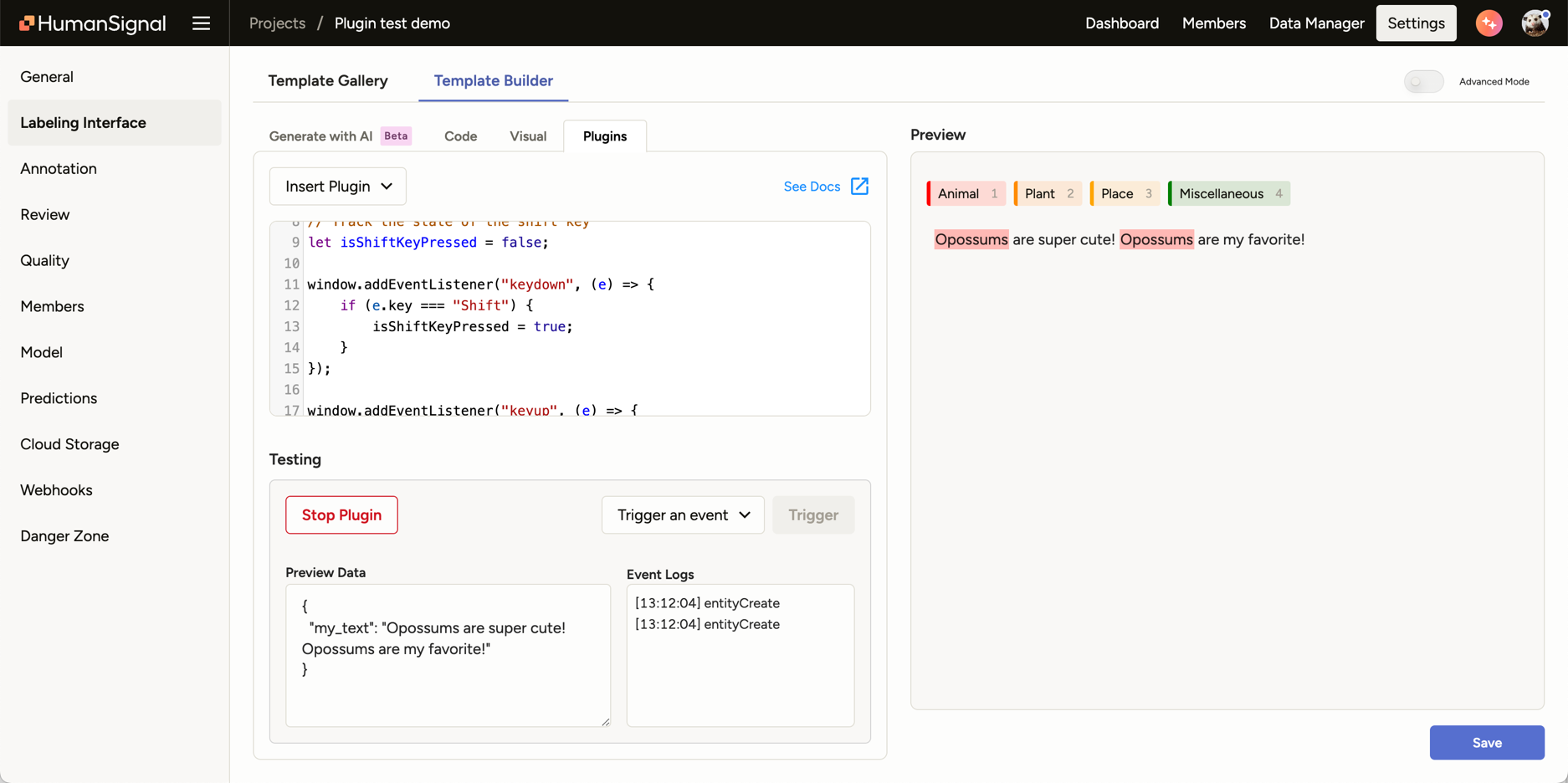 Screenshot of plugin panel